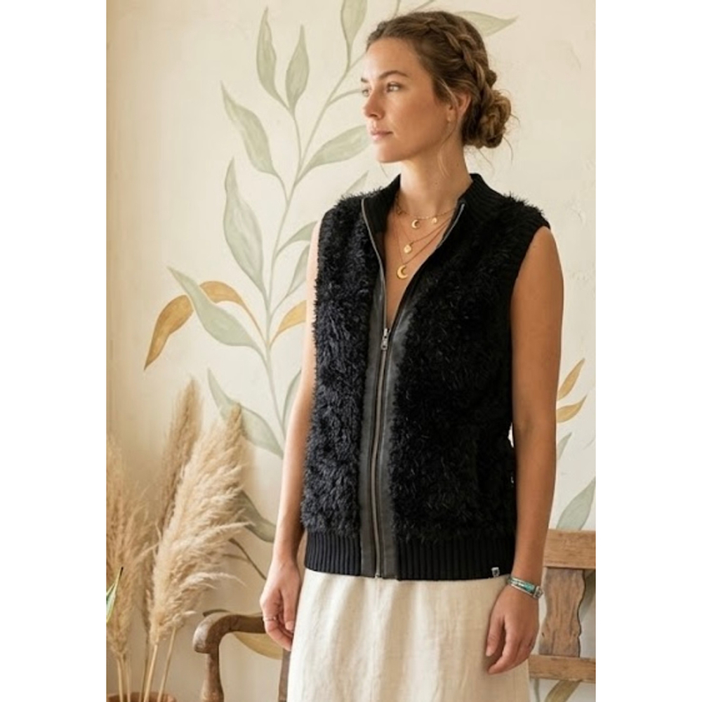 Roxy Black Knit Faux Fur Zip Up Vest Extra Large